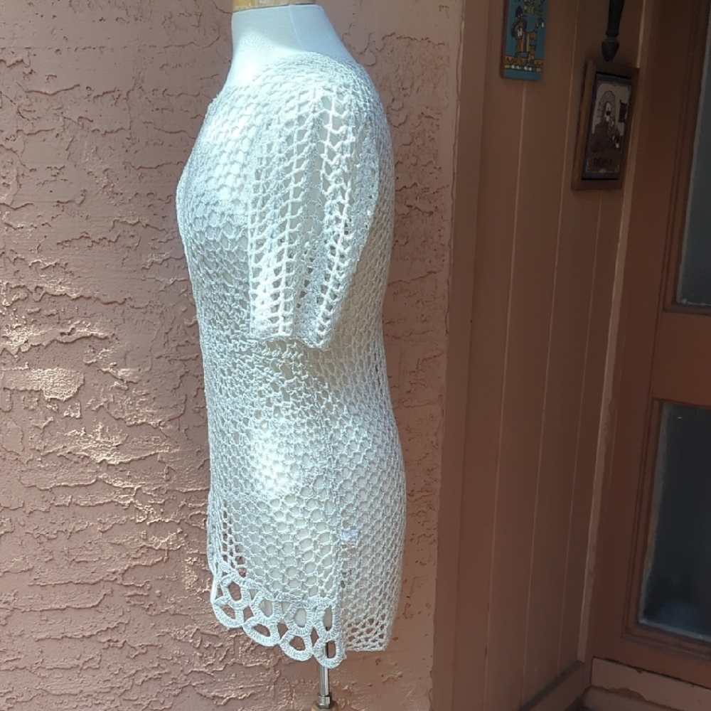 Chico's Cream Crochet Short-Sleeve Tunic Top - Picture 4 of 5